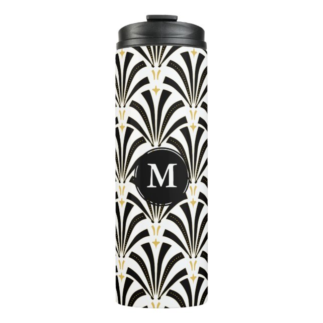 1920s Art Deco Black & White Palmettos | Monogram Thermal Tumbler (Front)
