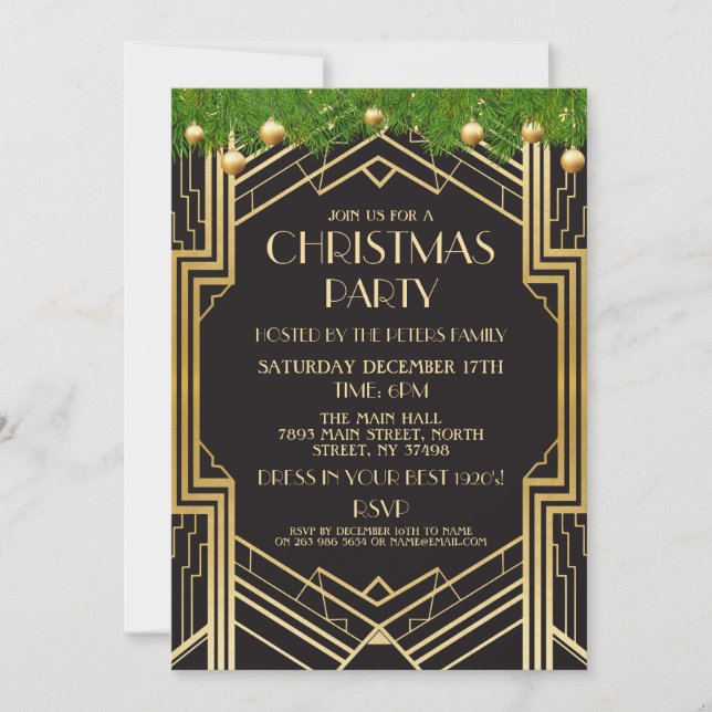 1920's Art Deco Christmas Invite Gatsby Party Gold (Front)