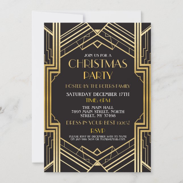 1920's Art Deco Christmas Invite Gatsby Party Gold (Front)