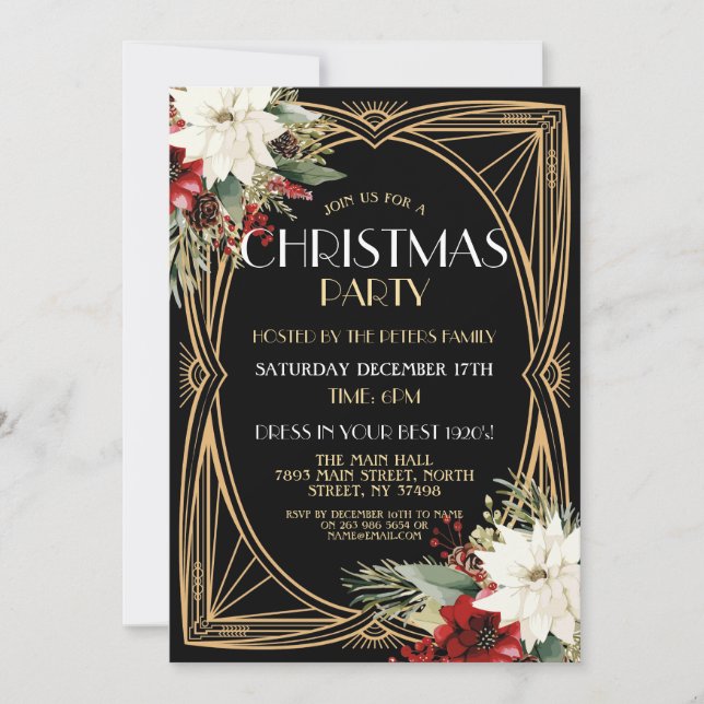 1920's Art Deco Christmas Invite Gatsby Party Gold (Front)