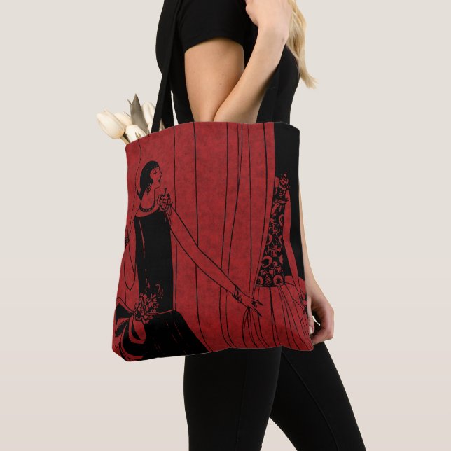 1920s Art Deco Fashion Show Model Red Tote Bag (Close Up)