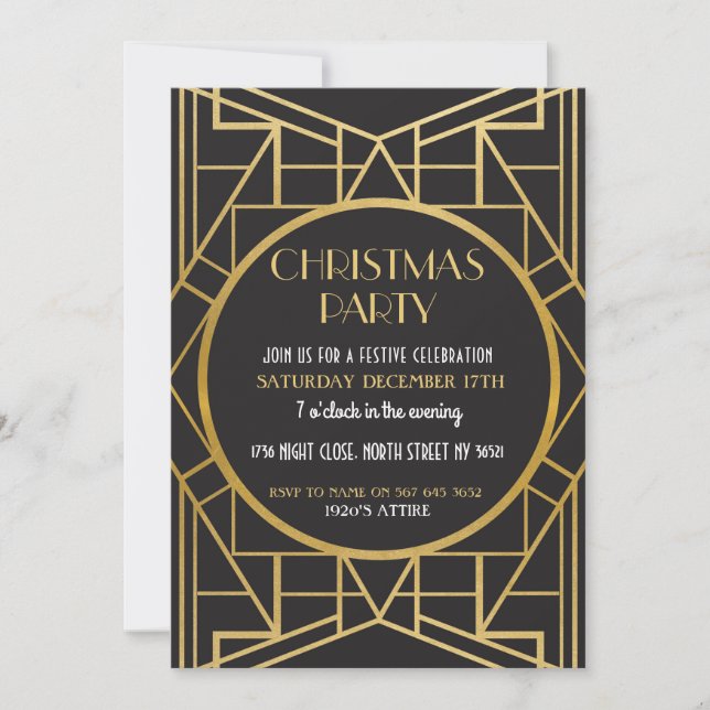1920's Art Deco Gatsby 20s Christmas Party Gold Invitation (Front)