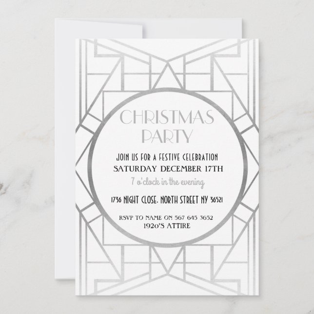 1920's Art Deco Gatsby 20s Christmas Party Silver Invitation (Front)