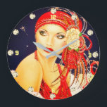1920's Art Deco Gatsby Girl Wall Clock<br><div class="desc">Each one of our Art Deco girls is prettier than the one before the last! This one is dressed in red h yellow roses on her head piece and if you look she has gorgeous eyes. You can find this stunning clock at Home Comfort in our 'Tick Tock Time Flies...</div>