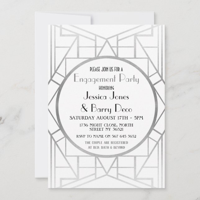 1920's Art Deco Gatsby Silver Engagement Invite (Front)