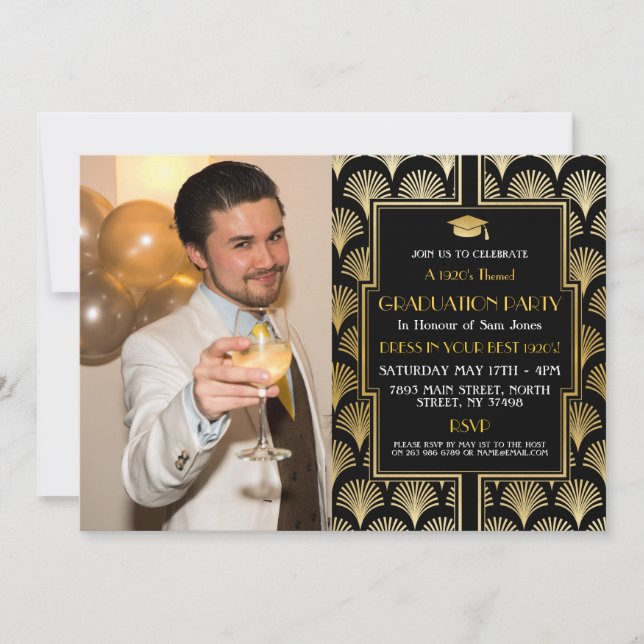 1920s Art Deco Gold Graduation Gatsby Party Photo Invitation (Front)