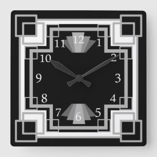 1920s Art Deco Grey & Black Geometric Pattern Square Wall Clock
