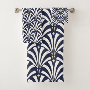 1920s Art Deco Navy & White Palmettos Bath Towel Set