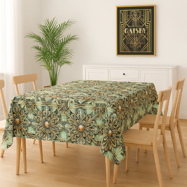 1920's Art Deco Ornate Green Gold  Tablecloth (Creator Uploaded)