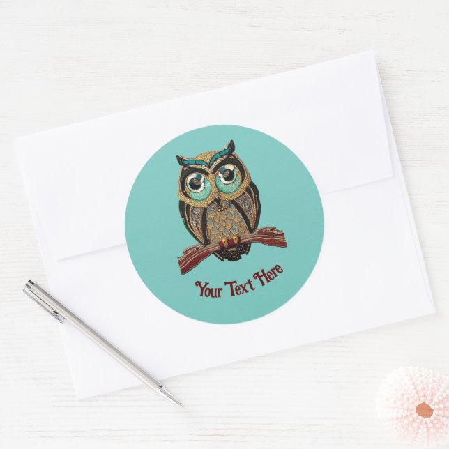 1920s Art Deco Owl with your text Vintage Classic Round Sticker (Envelope)