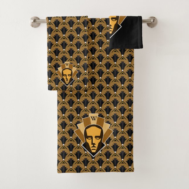 1920s Art Deco Statue Crest & Bronze Finials Bath Towel Set (Insitu)