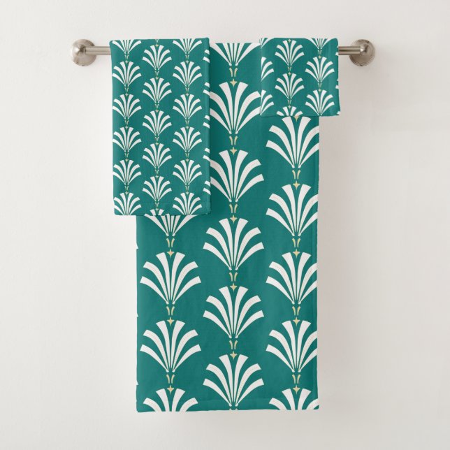 1920s Art Deco White & Cream Palmettos in Teal Bath Towel Set (Insitu)