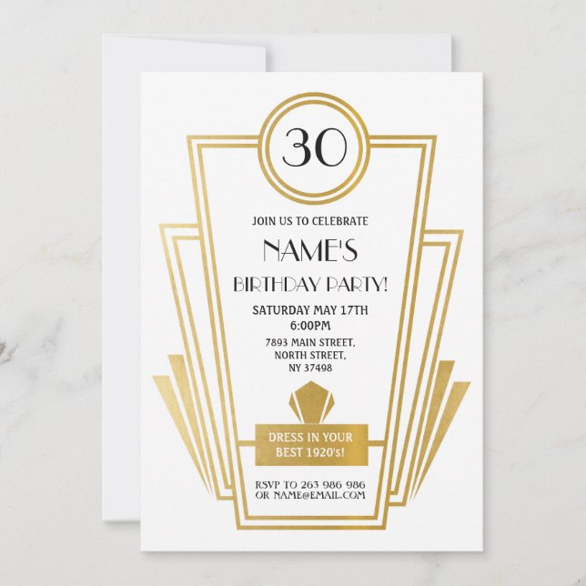 1920's Birthday Art Deco Invite Gatsby Party Gold (Front)