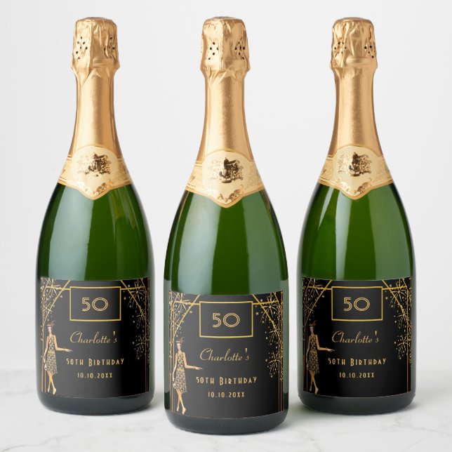 1920's Birthday party black gold retro art deco Sparkling Wine Label (Bottles)