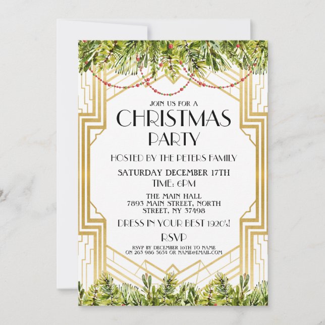 1920's Christmas Invite Art Deco Gatsby Party Gold (Front)