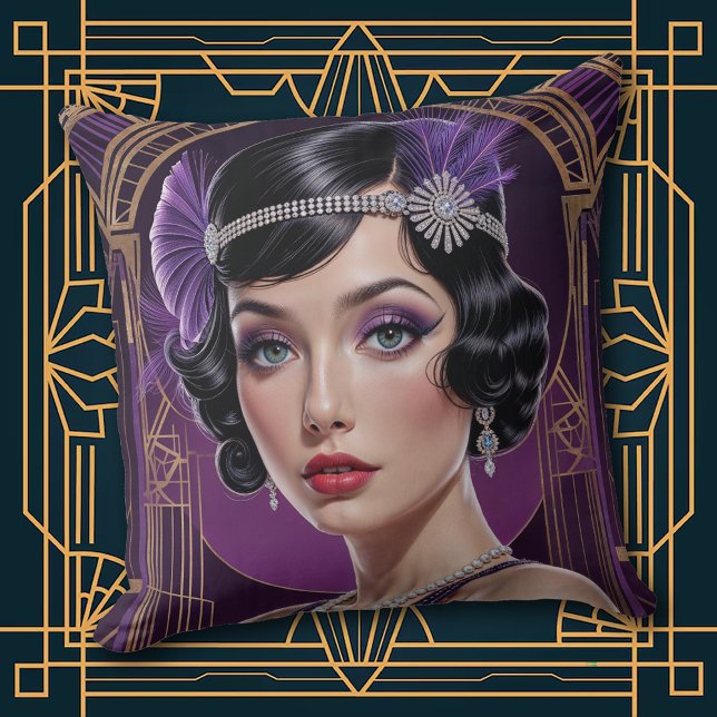 1920s Cocktail Elegance Flapper Girl Throw Pillow (Creator Uploaded)