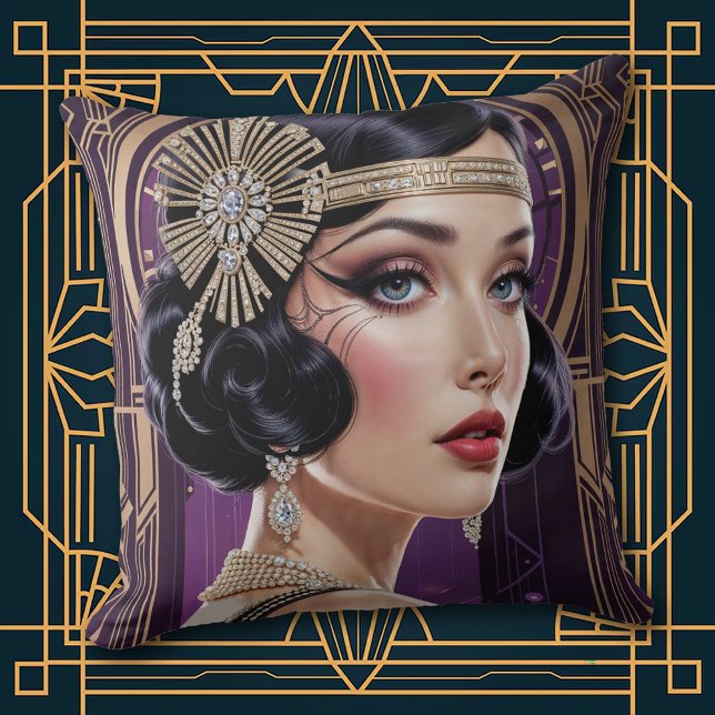 1920s Cocktail Elegance Flapper Girl Throw Pillow (Creator Uploaded)