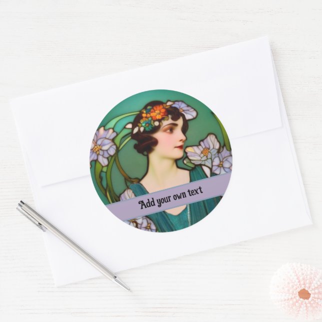 1920s Elegance - Art Nouveau portrait - your text Classic Round Sticker (Envelope)
