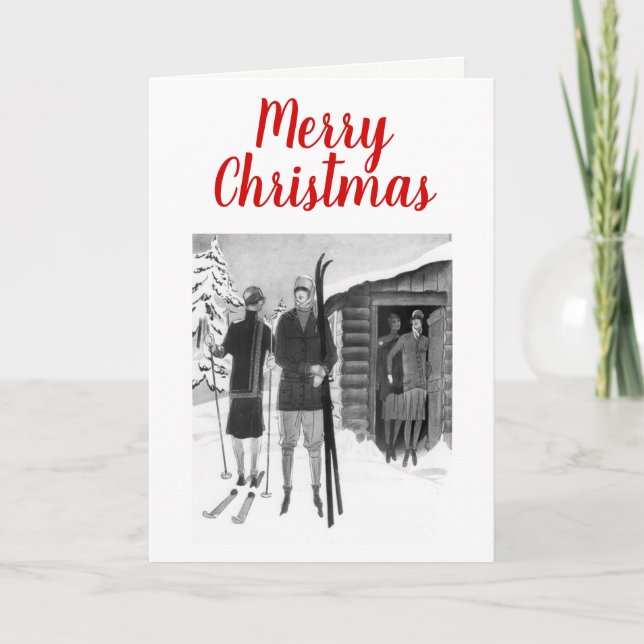 1920s Fashionable Women on Ski Trip BW Holiday Card (Front)