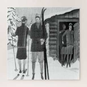 1920s Fashionable Women on Ski Trip BW Jigsaw Puzz Puzzle