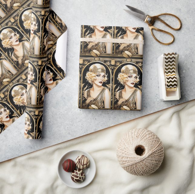 1920's flapper girl great gatsby black gold party wrapping paper (Crafts)
