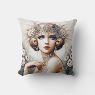1920s Flapper Girl Portrait Throw Pillow