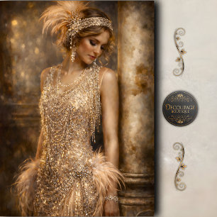 1920s Flapper Gold Glam Decoupage Tissue Paper
