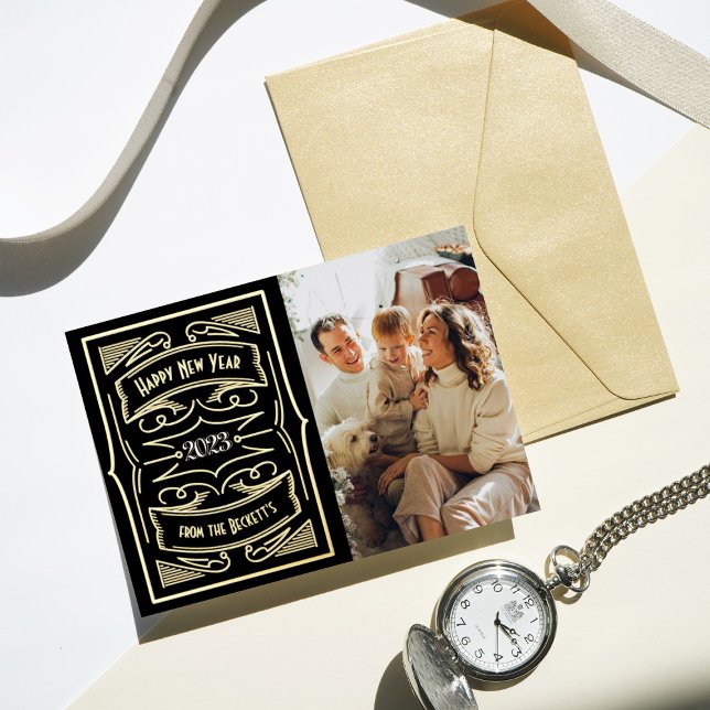 1920'S Gatsby Typography New Year Photo Real Foil Holiday Card (Creator Uploaded)