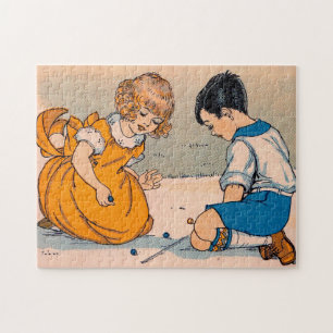 1920s girl and boy playing marbles jigsaw puzzle