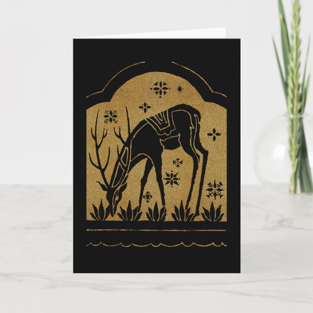 1920's Gold Deer Grazing Deco Xmas Card (Front)