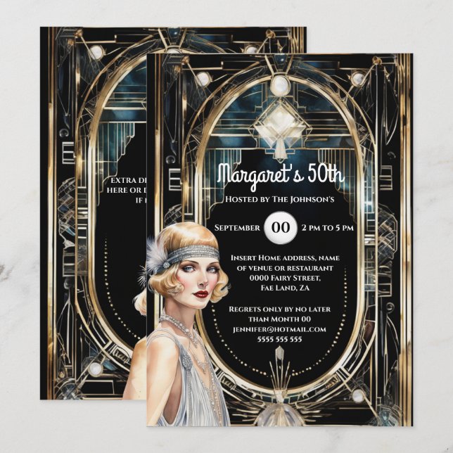 1920's Great Gatsby black gold twenties flapper Invitation (Front/Back)