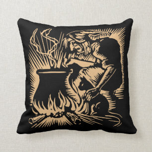1920s Halloween Witch Cat and Cauldron Woodcut Throw Pillow