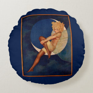 1920s hosiery ad beautiful woman on the moon round pillow