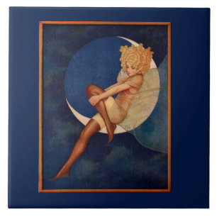 1920s hosiery ad beautiful woman on the moon tile