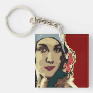 1920s Lady in a Blue Hat Pop Art Keychain