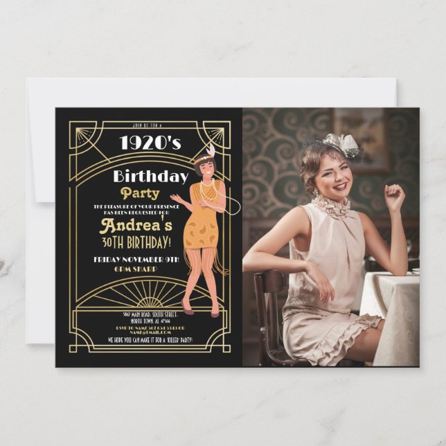 1920's Murder Mystery Birthday Dinner Party Photo Invitation (Front)