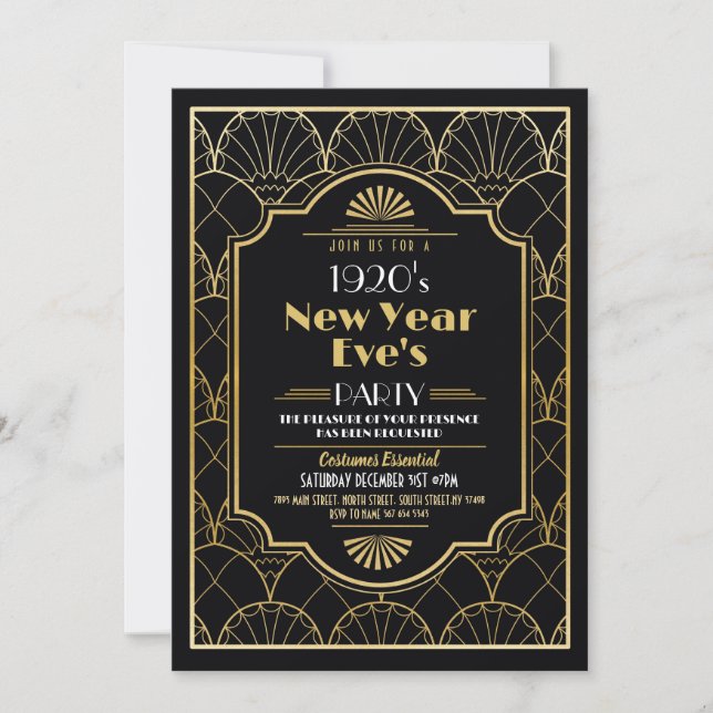 1920s New Year Party Art Deco Black Gold Invitation (Front)