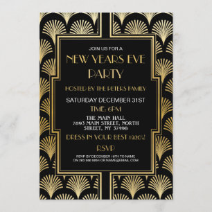 1920's New Years Eve Gatsby Party Black & Gold Fan Invitation