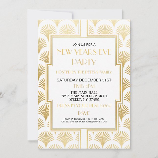 1920's New Years Eve Gatsby Party White Gold Fan Invitation (Front)