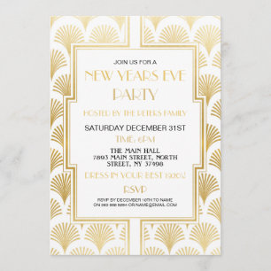 1920's New Years Eve Gatsby Party White Gold Fan Invitation