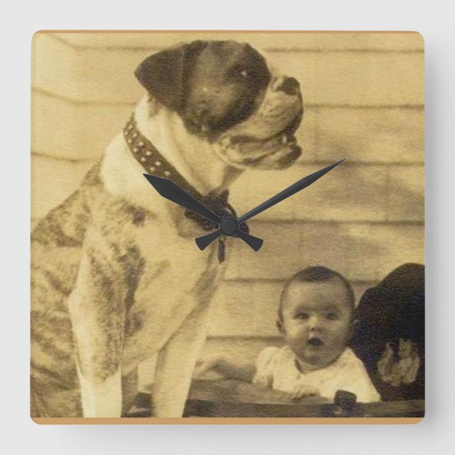 1920s pitbull guards baby square wall clock (Front)
