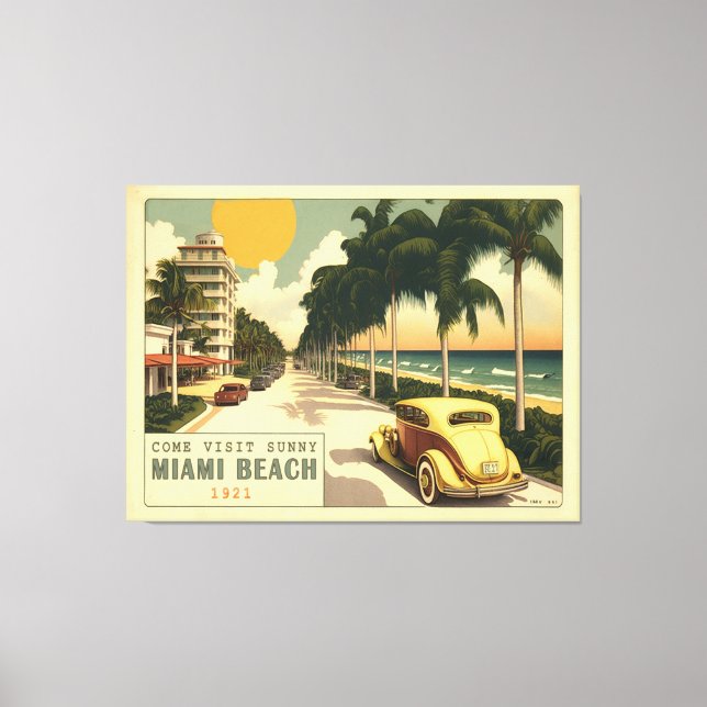 1920s Retro Miami Beach Ocean Drive Postcard Canvas Print (Front)