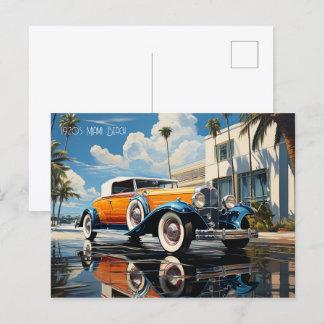 1920s roadster by a beach bungalow in Miami Beach Holiday Postcard