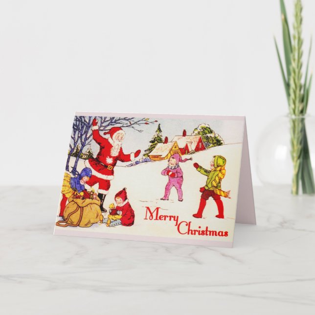 1920's Santa and Children Playing in the Snow Holiday Card (Front)