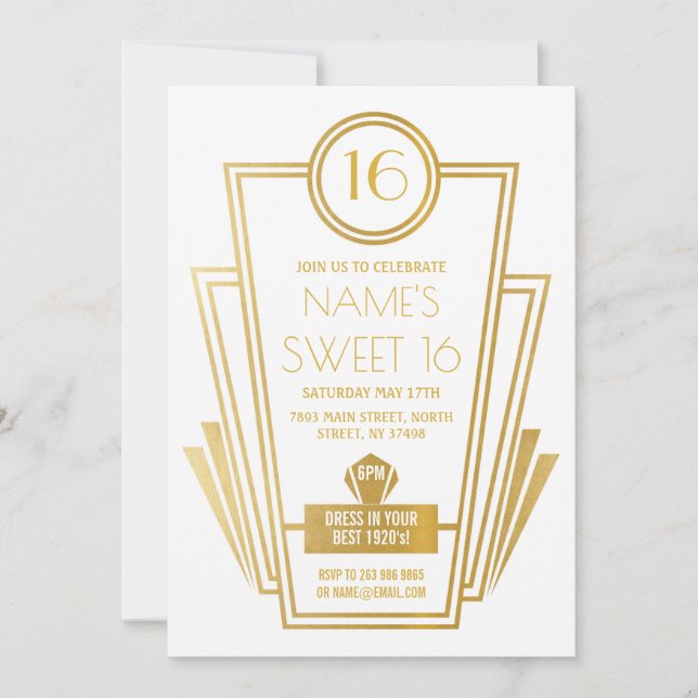 1920s Sweet 16 Birthday Party Art Deco Gatsby Gold Invitation (Front)