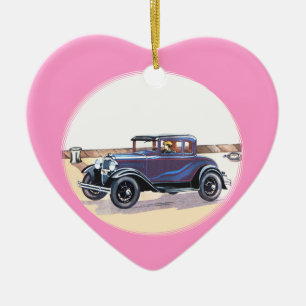 1920s Vintage Automobile Romantic Pink Heart Ceramic Ornament