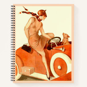 1920s woman, car and dog notebook