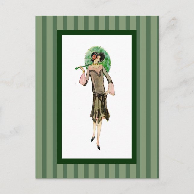1920s Woman with Green Stripes Postcard (Front)