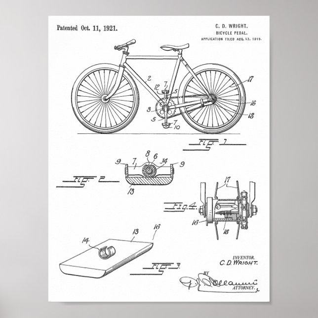 1921 Bicycle Pedal Design Patent Art Print (Front)