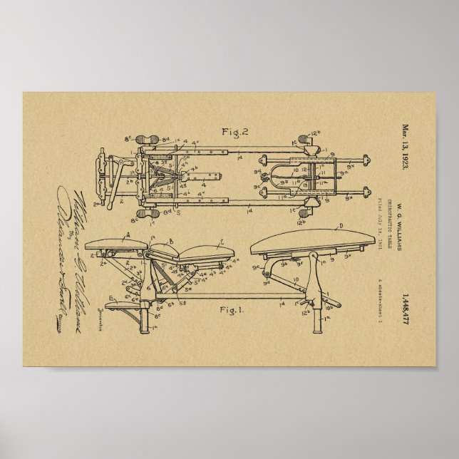 1923 Vintage Chiropractic Table Patent Art Print (Front)